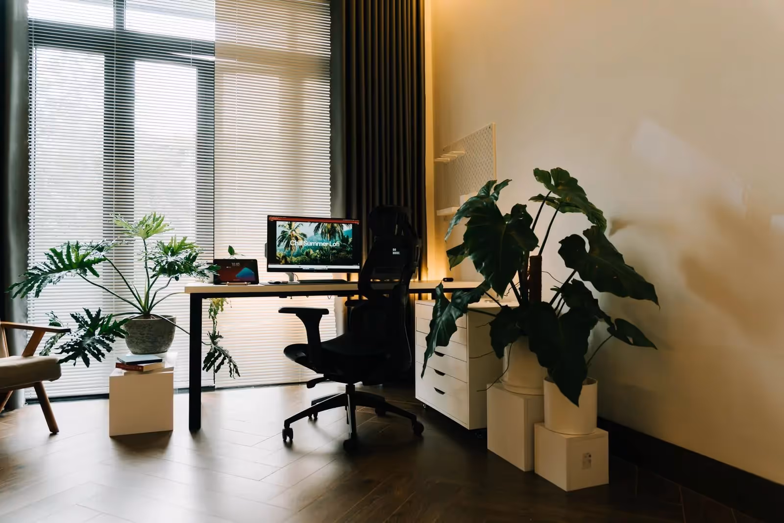 Soft daylight across a calm, uncluttered desk in a quiet office