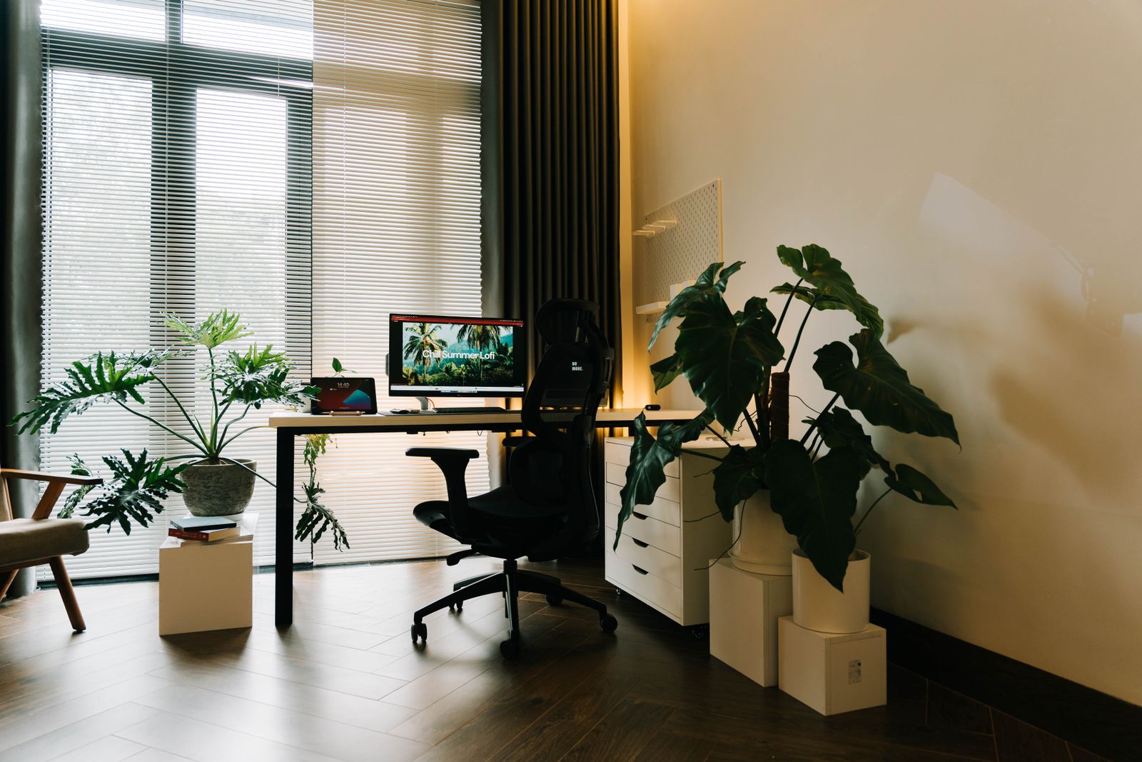A calm, plant-filled counseling office with warm natural light